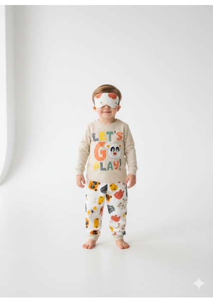 Eğlenceli Ayıcık Temalı Pamuk Erkek Bebek ve Çocuk Pijama Takımı Maske Hediyeli