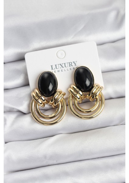 Pirinç Gold Renk Siyah Taşlı Vintage Kadın Küpe - TJ-BKP11355