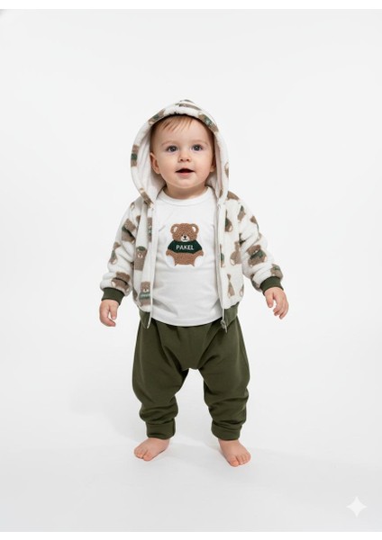 Ayıcık Desenli Kapüşonlu Hırka Şalvar Pantolon 3'lü Takım Organik Pamuk