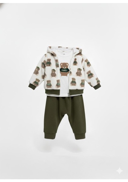 Ayıcık Desenli Kapüşonlu Hırka Şalvar Pantolon 3'lü Takım Organik Pamuk fiyatları