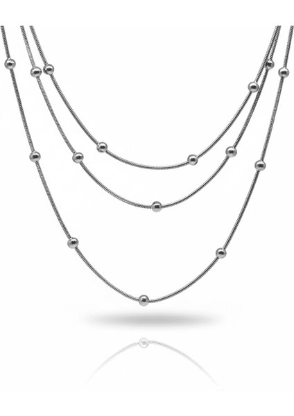 Kadın 3 Lü Çelik Kolye - Toplu Snake Zincirli - Asimetrik Tasarım - Gümüş Renk