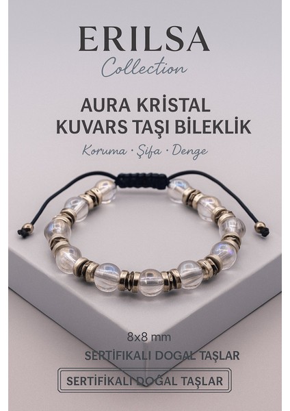 Sertifikalı Aura Kristal Kuvars Doğal Taş Bileklik - 8x8 mm Koruma Şifa ve Denge Enerjisi Taşı