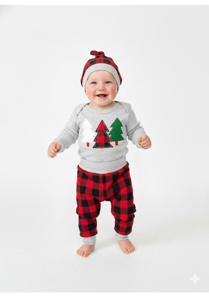 Unisex Ekose Noel Ağacı Baskılı Takım ve Ekose Pantolon Şapka Seti Uzun Kollu Bebek Kıyafetleri