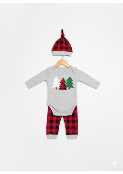 Unisex Ekose Noel Ağacı Baskılı Takım ve Ekose Pantolon Şapka Seti Uzun Kollu Bebek Kıyafetleri modelleri