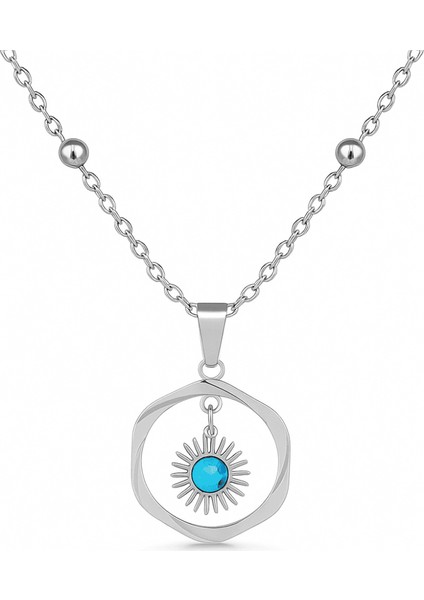 Kadın Çelik Kolye - Halka Tasarım - Firuze Taşlı - Gümüş Renk