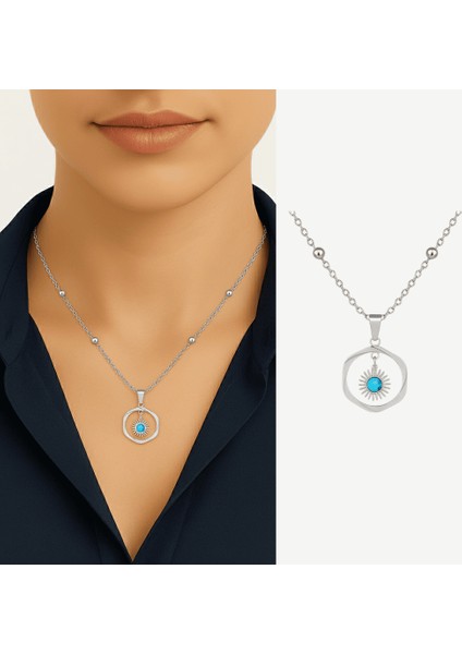 Kadın Çelik Kolye - Halka Tasarım - Firuze Taşlı - Gümüş Renk fiyatları