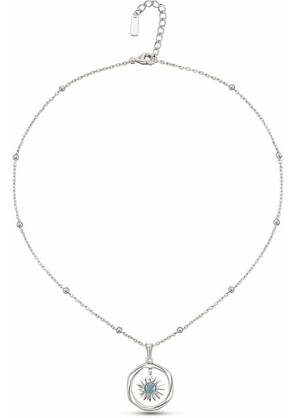 Kadın Çelik Kolye - Halka Tasarım - Firuze Taşlı - Gümüş Renk indirimleri