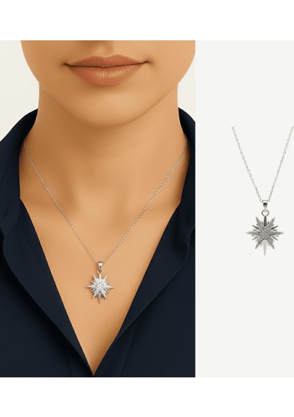 Kadın Çelik Kolye - Kuzey Yıldızı Tasarım - Beyaz Zirkon Taşlı - Gümüş Renk fiyatları