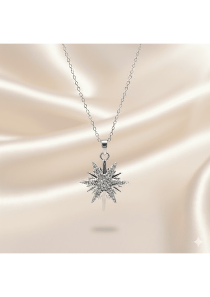 Kadın Çelik Kolye - Kuzey Yıldızı Tasarım - Beyaz Zirkon Taşlı - Gümüş Renk fırsatları