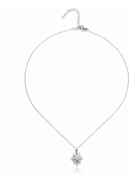 Kadın Çelik Kolye - Kuzey Yıldızı Tasarım - Beyaz Zirkon Taşlı - Gümüş Renk indirimleri