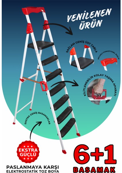 Elegance 6+1 Geniş Basamaklı Kolay Taşıma Aparatlı Merdiven Kaliteli Paslanmaz