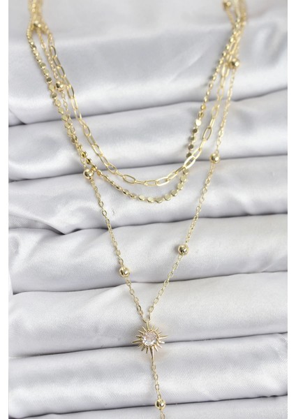 Pirinç Gold Renk Güneş Model Detaylı 3'lü Kombin Y Kadın Kolye