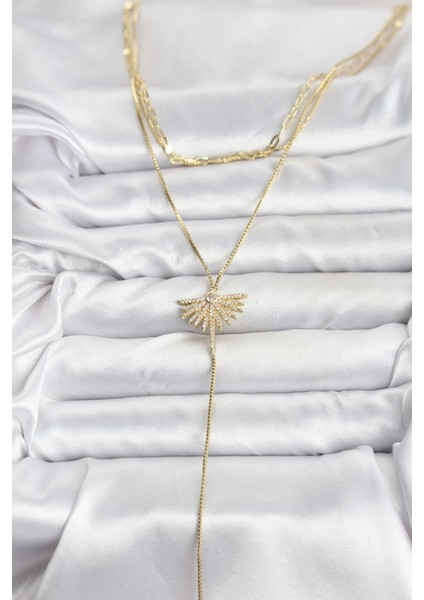 Pirinç Gold Renk Zirkon Taşlı Yelpaze Model Detaylı 3'lü Kombin Y Kadın Kolye fiyatları