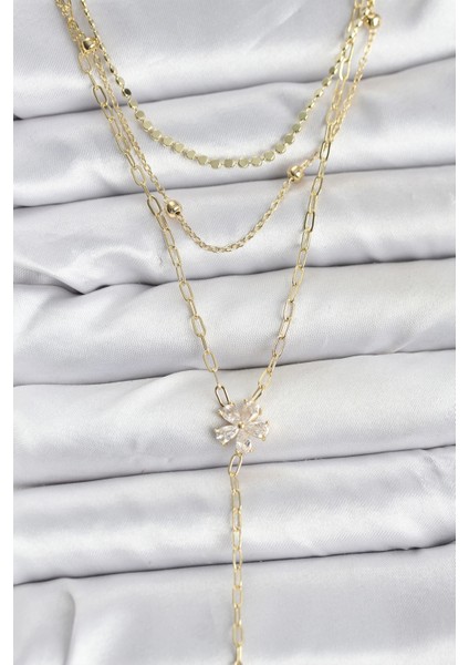 Pirinç Gold Renk Zirkon Taşlı Çiçek Model Detaylı 3'lü Kombin Y Kadın Kolye