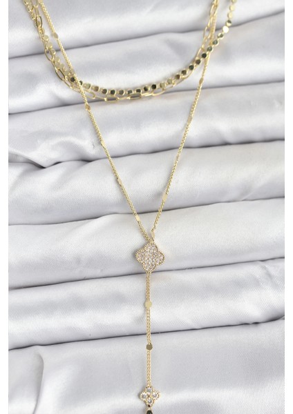 Pirinç Gold Renk Zirkon Taşlı Yoncalı Model Detaylı 3'lü Kombin Y Kadın Kolye