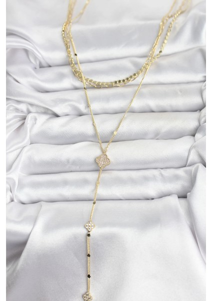 Pirinç Gold Renk Zirkon Taşlı Yoncalı Model Detaylı 3'lü Kombin Y Kadın Kolye fiyatları