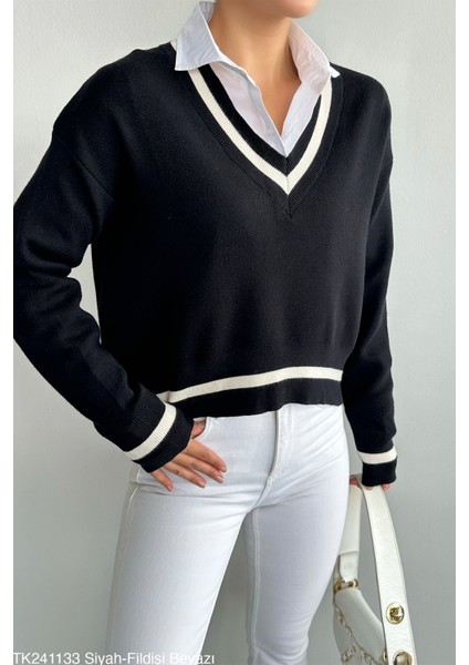 Kadın V Yaka Şeritli Regular Normal Boy Kazak