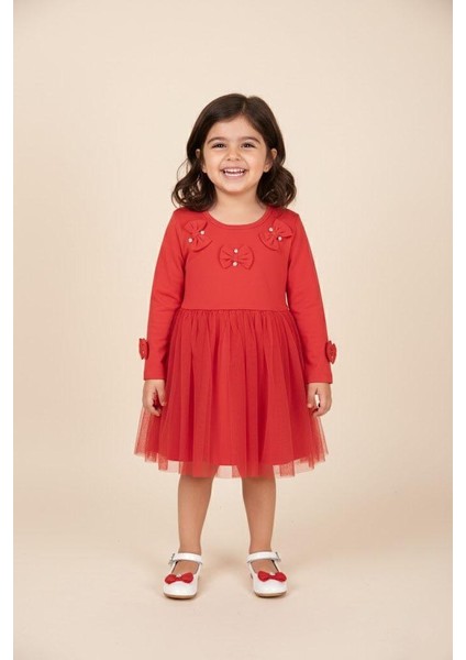 Kız Çocuk Elbise, Kırmızı, Tül Etekli, Fiyonk ve Taş Detaylı