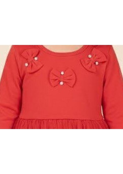 Kız Çocuk Elbise, Kırmızı, Tül Etekli, Fiyonk ve Taş Detaylı