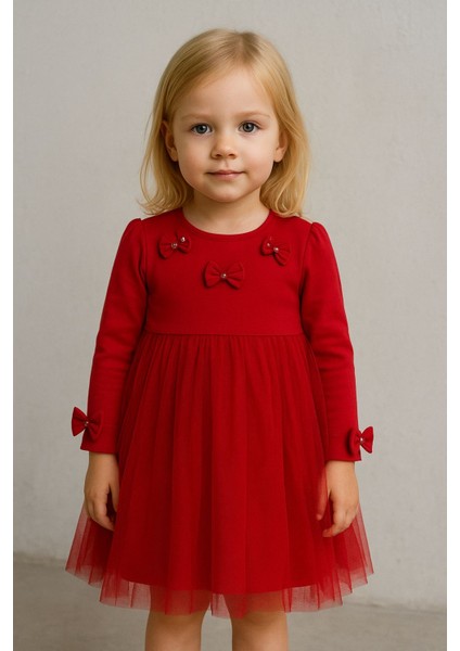 Kız Çocuk Elbise, Kırmızı, Tül Etekli, Fiyonk ve Taş Detaylı