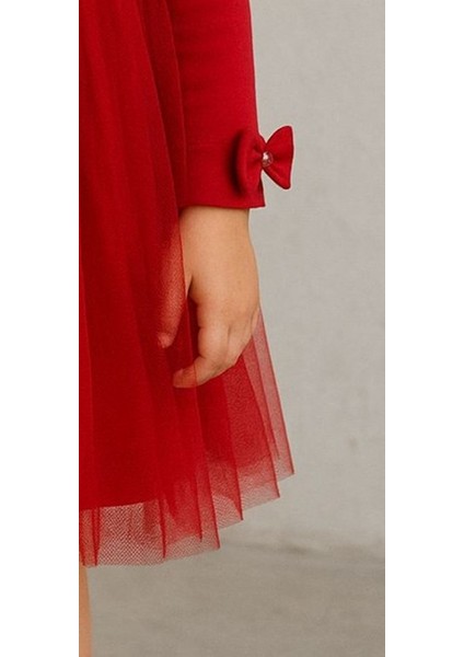 Kız Çocuk Elbise, Kırmızı, Tül Etekli, Fiyonk ve Taş Detaylı