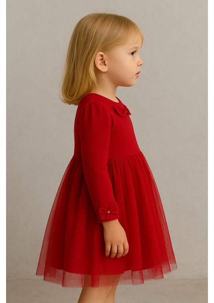 Kız Çocuk Elbise, Kırmızı, Tül Etekli, Fiyonk ve Taş Detaylı