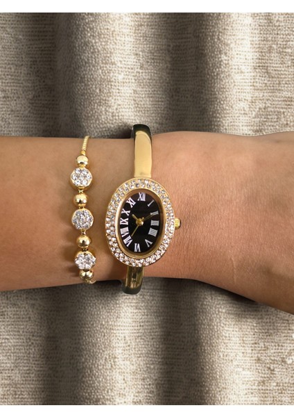 Zarif Kadın Bilezik Görünümlü Saat Taşlı Bileklik Hediyeli Kombin Set modelleri