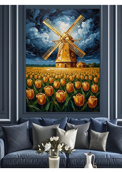 Yelpazeli Yel Değirmeni Tarlası Dekoratif Kanvas - Mdf Ahşap Tablo