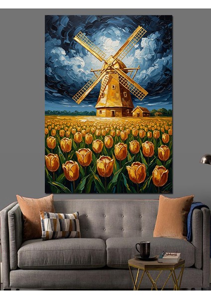 Yelpazeli Yel Değirmeni Tarlası Dekoratif Kanvas - Mdf Ahşap Tablo fırsatları
