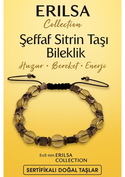 Sertifikalı Şeffaf Sitrin Doğal Taş Bileklik - 8x8 mm Bereket Enerji ve Huzur Taşı