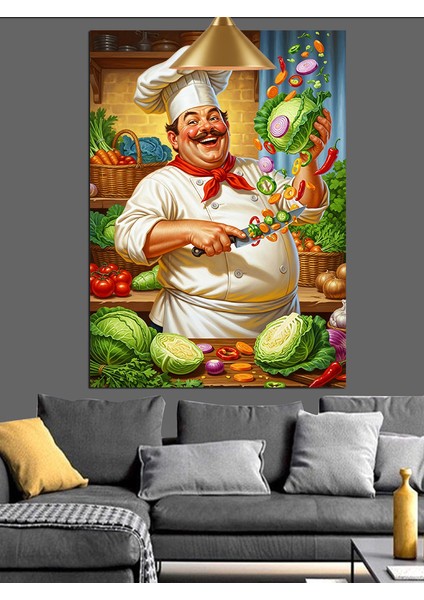 Mutlu Aşçı Şef ve Yeşil Sebzeler Portresi Dekoratif Kanvas - Mdf Ahşap Tablo