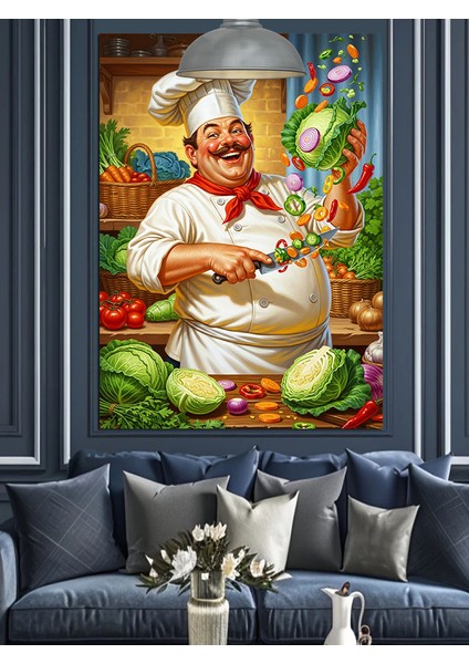 Mutlu Aşçı Şef ve Yeşil Sebzeler Portresi Dekoratif Kanvas - Mdf Ahşap Tablo fiyatları