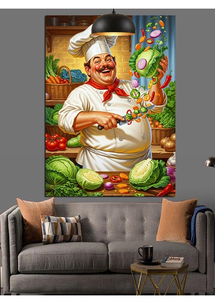 Mutlu Aşçı Şef ve Yeşil Sebzeler Portresi Dekoratif Kanvas - Mdf Ahşap Tablo modelleri