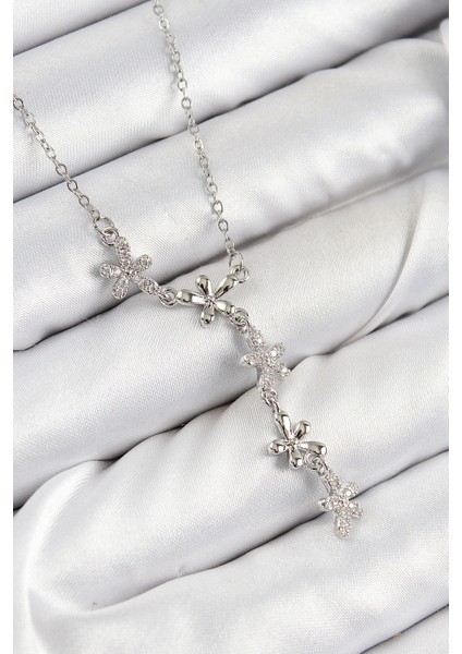 Heyf 316L Çelik Zirkon Taşlı Çiçek Model Gümüş Renk Kadın Kolye