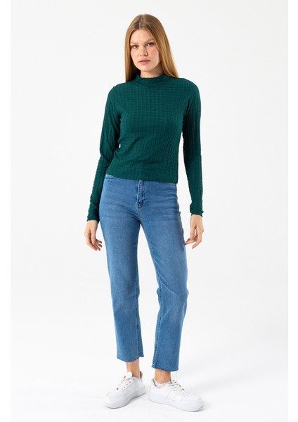 Kadın Dik Yaka Uzun Kollu Dokulu Bluz Yeşil - 26158