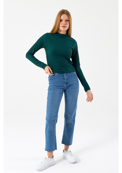 Kadın Dik Yaka Uzun Kollu Dokulu Bluz Yeşil - 26158 modelleri