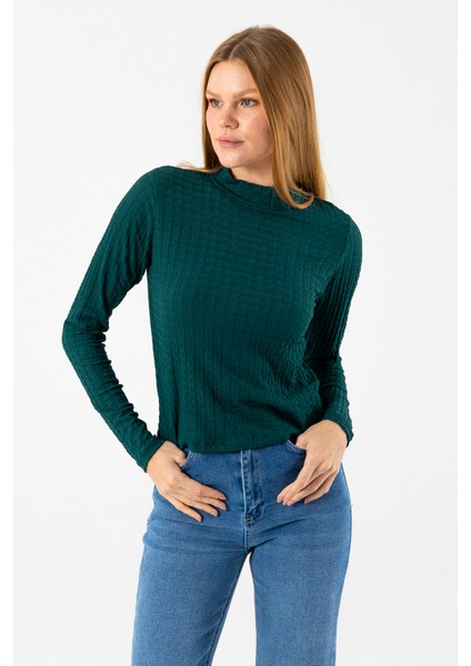 Kadın Dik Yaka Uzun Kollu Dokulu Bluz Yeşil - 26158 fırsatları