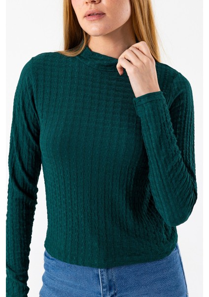 Kadın Dik Yaka Uzun Kollu Dokulu Bluz Yeşil - 26158
