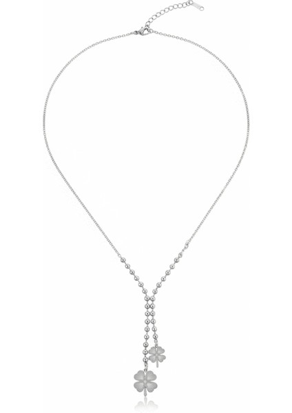 Kadın Çelik Kolye - Toplu Forse Zincirli - 2 Li Yonca Yaprağı Tasarım - Gümüş Renk indirimleri