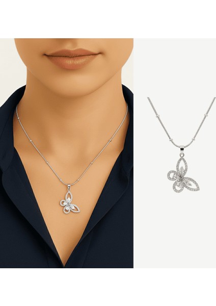 Kadın Çelik Kolye - Kelebek Tasarım - Beyaz Zirkon Taşlı - Gümüş Renk fiyatları