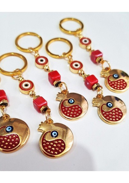 Yeni Yıl Hediyesi 5'li Nazar Boncuklu Nar Anahtarlık - Bolluk Bereket Nar Anahtarlık 10 cm
