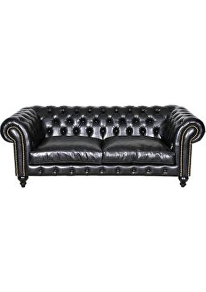 Black Chesterfield Kanepe Suni Deri Yumuşak Oturum 230 cm Siyah Renk