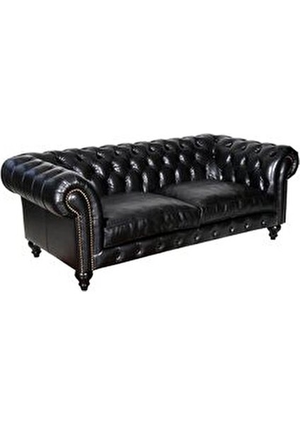 Black Chesterfield Kanepe Suni Deri Yumuşak Oturum 230 cm Siyah Renk