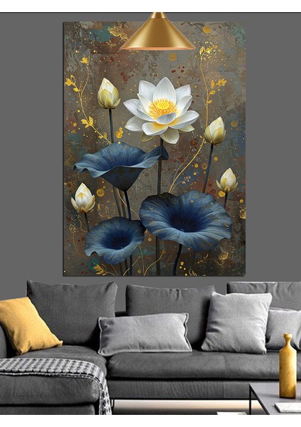 Nilüfer Çiçek Mavi Siyah ve Dore Dekoratif Kanvas - Mdf Ahşap Tablo