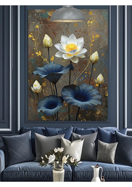 Nilüfer Çiçek Mavi Siyah ve Dore Dekoratif Kanvas - Mdf Ahşap Tablo fiyatları