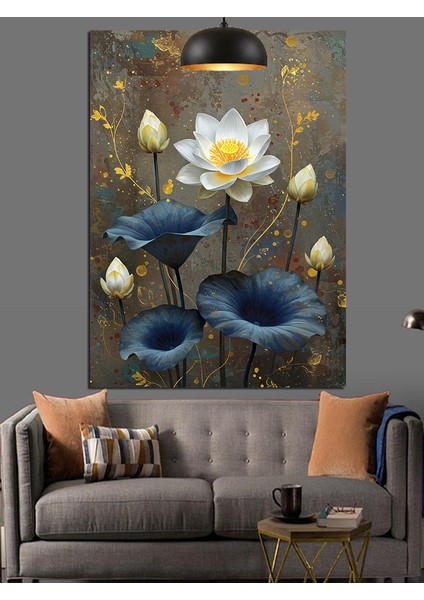 Nilüfer Çiçek Mavi Siyah ve Dore Dekoratif Kanvas - Mdf Ahşap Tablo modelleri