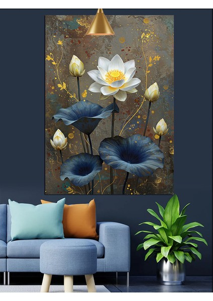Nilüfer Çiçek Mavi Siyah ve Dore Dekoratif Kanvas - Mdf Ahşap Tablo fırsatları