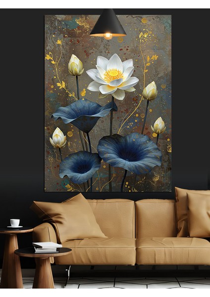Nilüfer Çiçek Mavi Siyah ve Dore Dekoratif Kanvas - Mdf Ahşap Tablo indirimleri