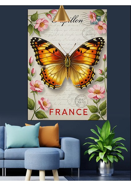 Kelebek ve Çiçek Motifli Fransa Mektup Kağıdı Dekoratif Kanvas - Mdf Ahşap Tablo