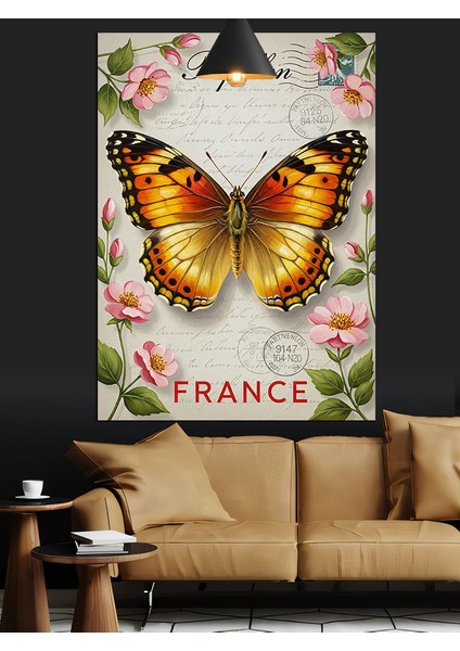 Kelebek ve Çiçek Motifli Fransa Mektup Kağıdı Dekoratif Kanvas - Mdf Ahşap Tablo fiyatları